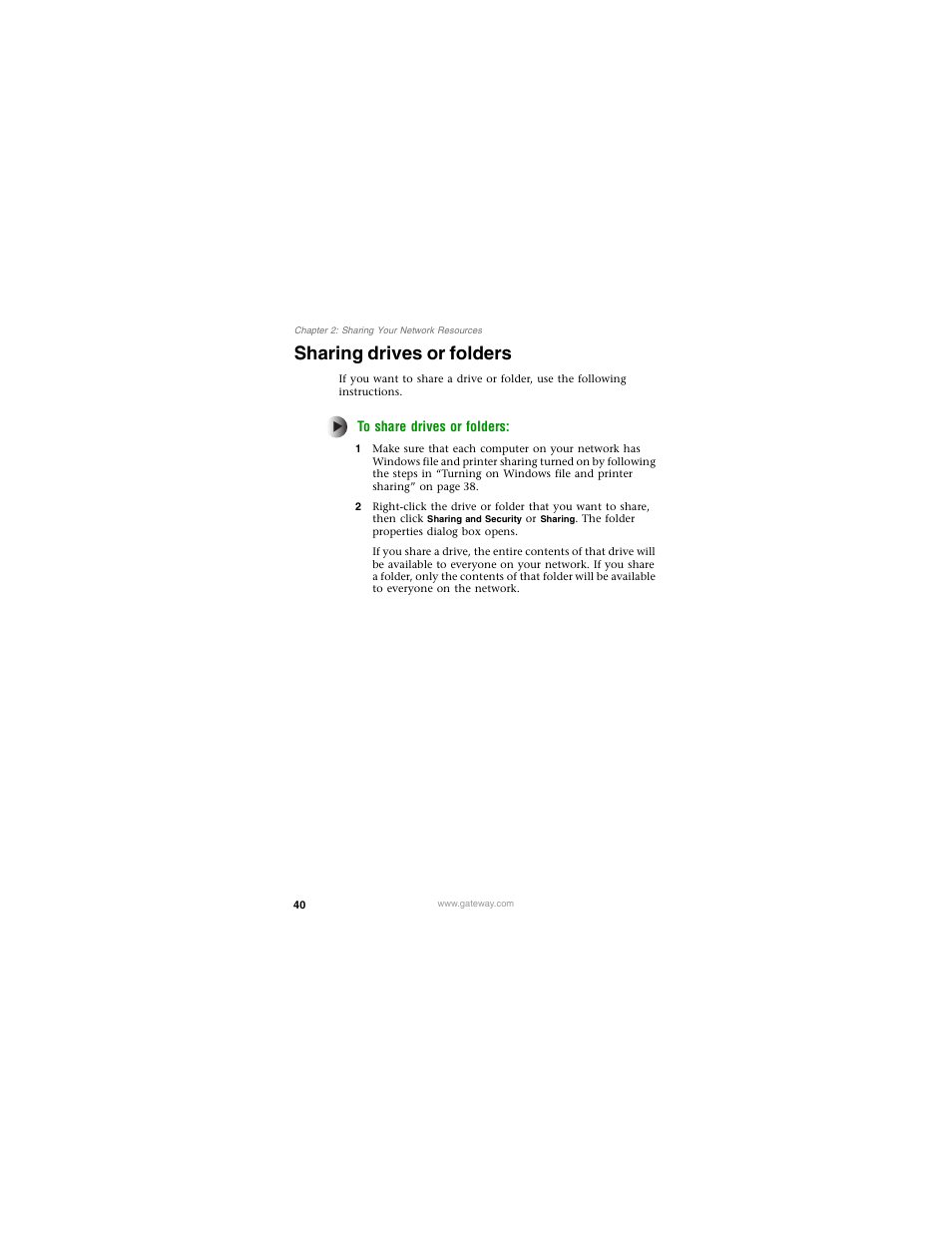 Sharing drives or folders | Gateway PLU-300 User Manual | Page 44 / 68