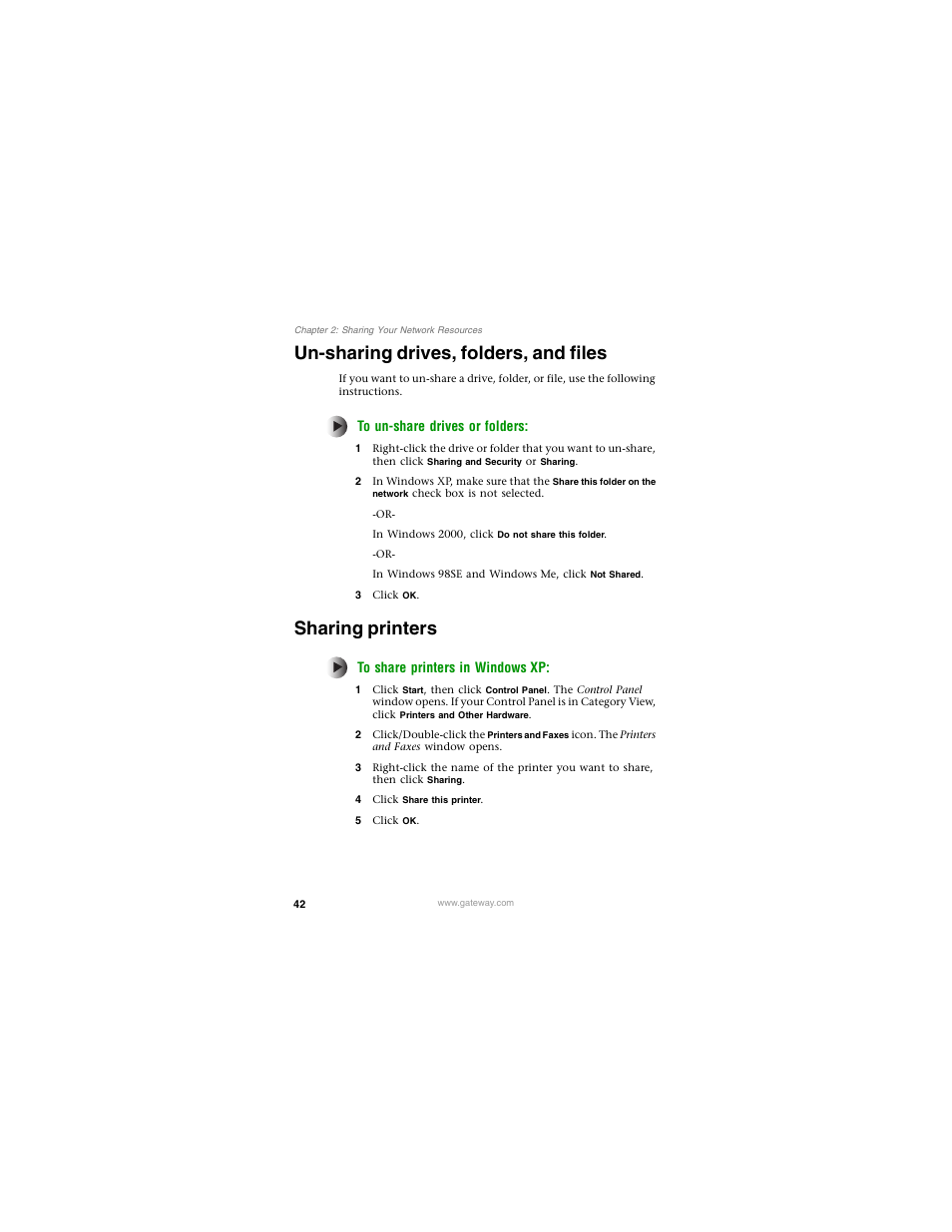 Un-sharing drives, folders, and files, Sharing printers | Gateway PLU-300 User Manual | Page 46 / 68
