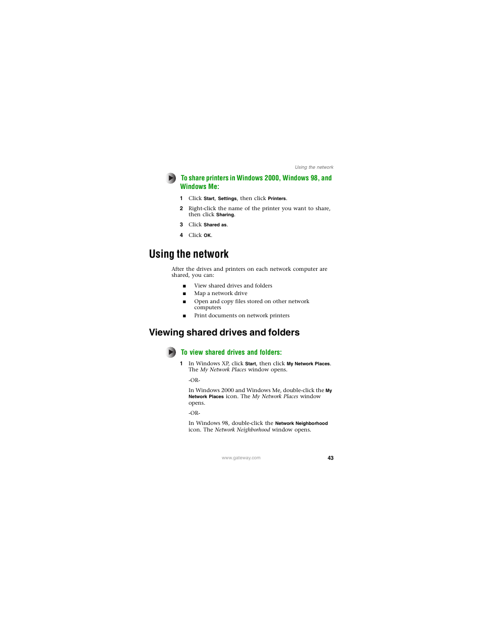 Using the network, Viewing shared drives and folders | Gateway PLU-300 User Manual | Page 47 / 68