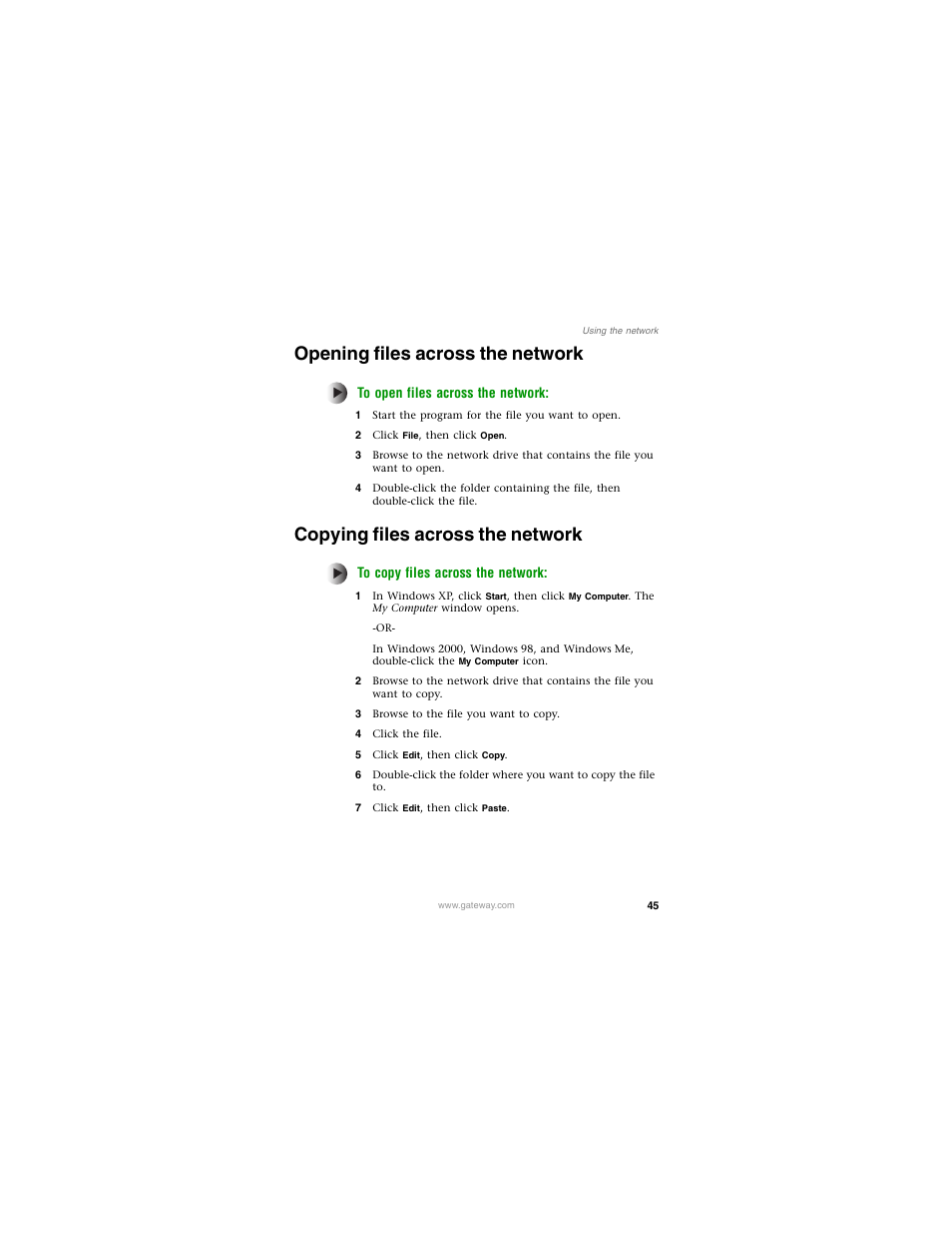 Opening files across the network, Copying files across the network | Gateway PLU-300 User Manual | Page 49 / 68