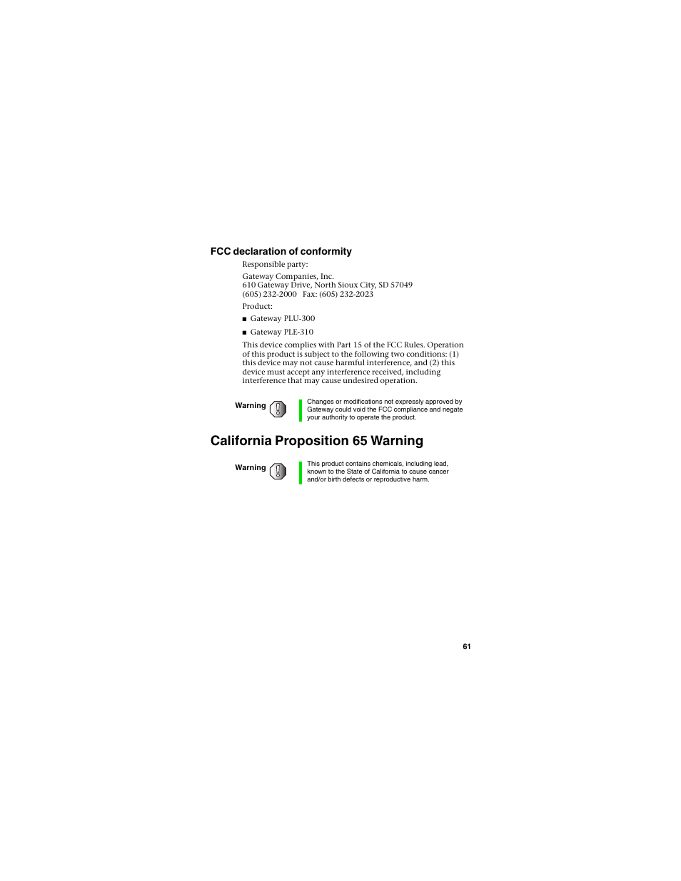 California proposition 65 warning, Fcc declaration of conformity | Gateway PLU-300 User Manual | Page 65 / 68