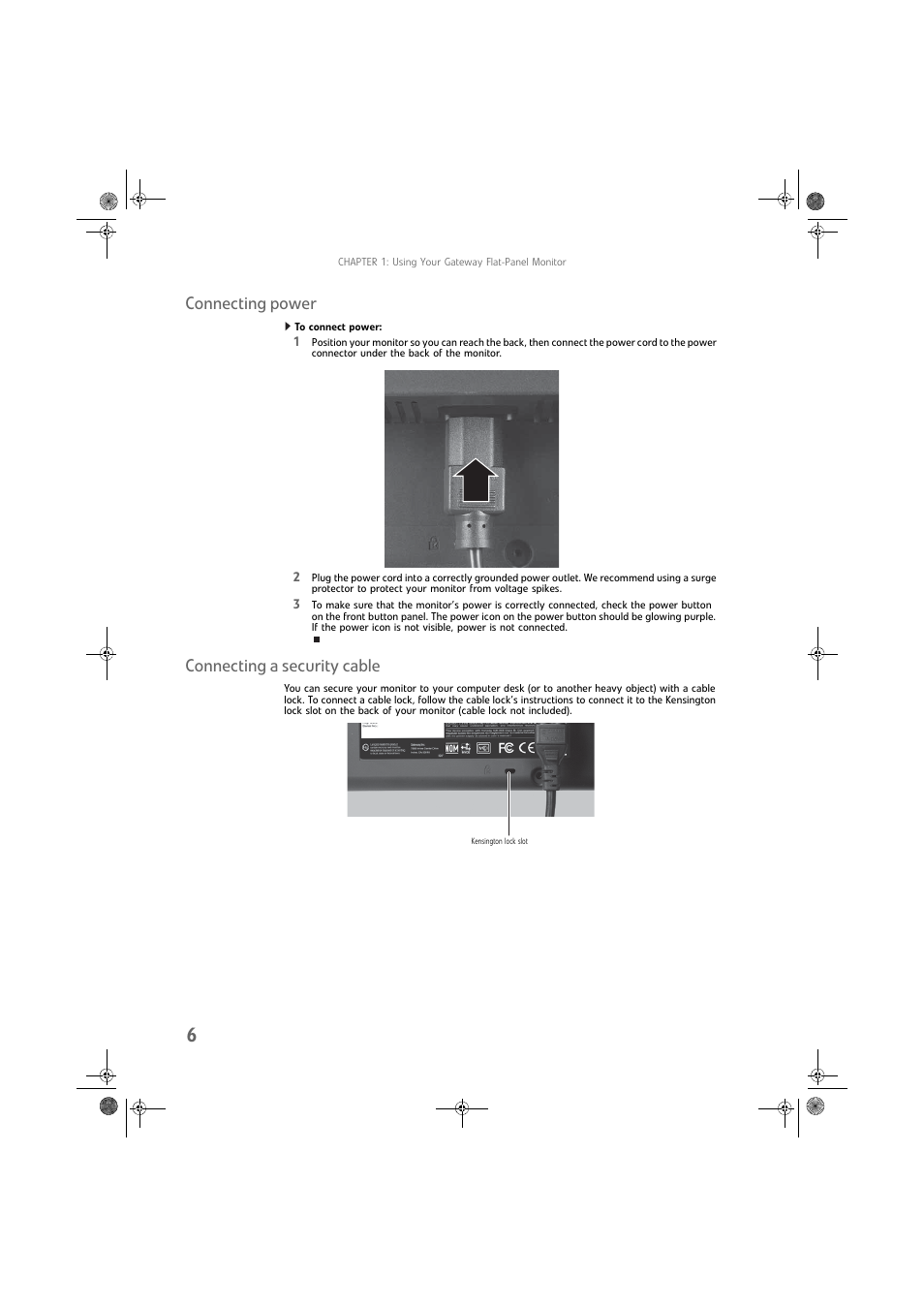 Connecting power, To connect power, Connecting a security cable | Connecting power connecting a security cable | Gateway FPD2275W User Manual | Page 10 / 40