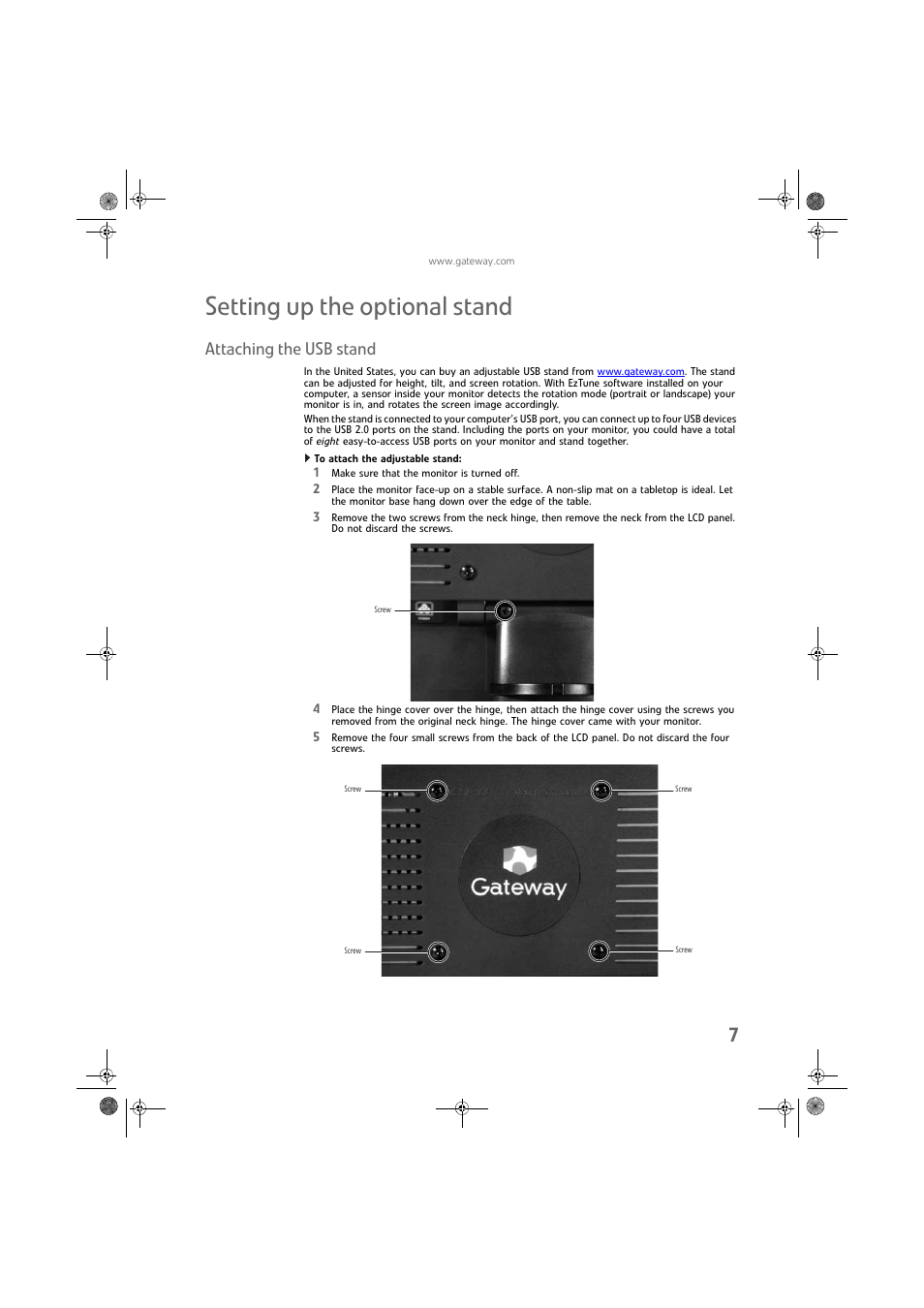 Setting up the optional stand, Attaching the usb stand, To attach the adjustable stand | Gateway FPD2275W User Manual | Page 11 / 40