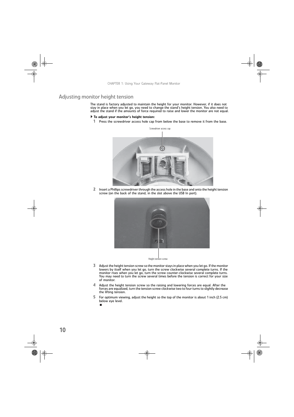 Adjusting monitor height tension, To adjust your monitor’s height tension | Gateway FPD2275W User Manual | Page 14 / 40
