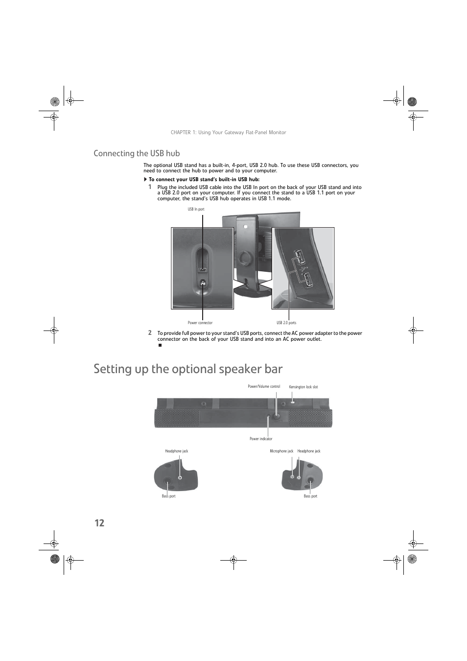 Connecting the usb hub, To connect your usb stand’s built-in usb hub, Setting up the optional speaker bar | Gateway FPD2275W User Manual | Page 16 / 40