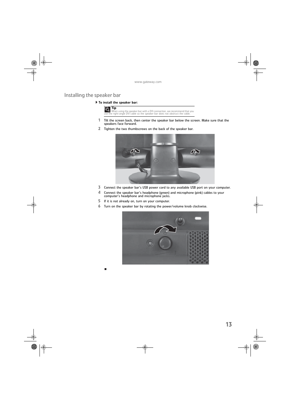 Installing the speaker bar, To install the speaker bar | Gateway FPD2275W User Manual | Page 17 / 40