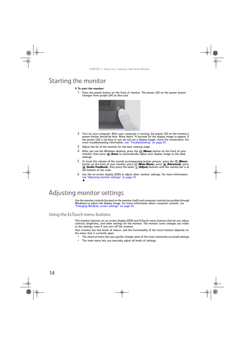 Starting the monitor, To start the monitor, Adjusting monitor settings | Using the eztouch menu buttons, Starting the monitor adjusting monitor settings | Gateway FPD2275W User Manual | Page 18 / 40