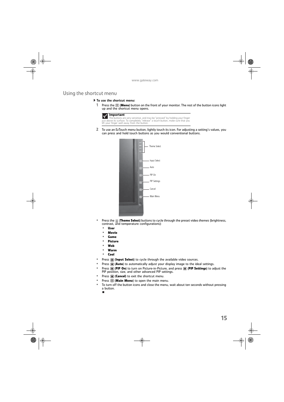 Using the shortcut menu, To use the shortcut menu | Gateway FPD2275W User Manual | Page 19 / 40