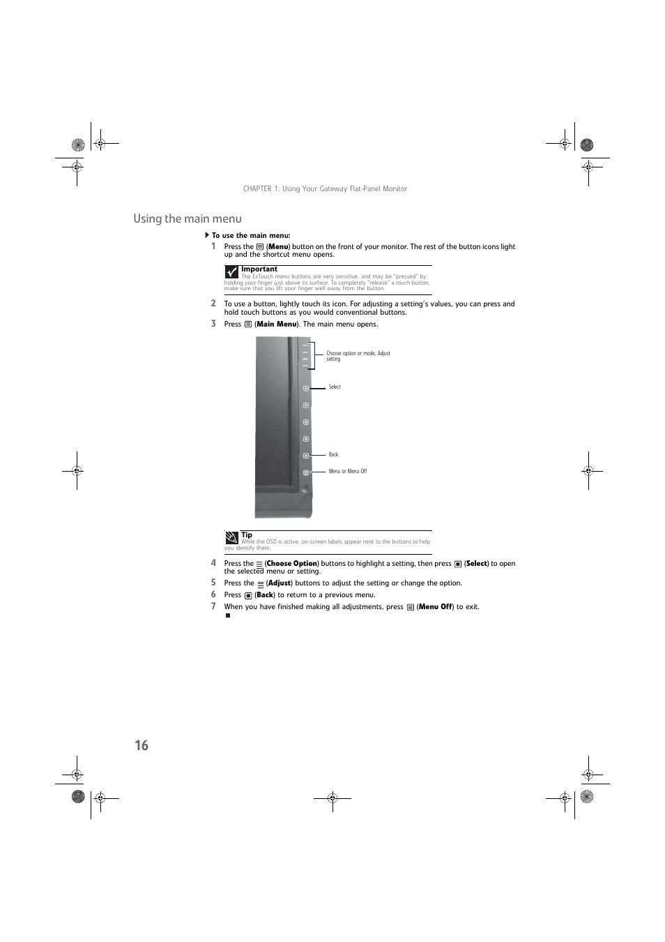 Using the main menu, To use the main menu | Gateway FPD2275W User Manual | Page 20 / 40