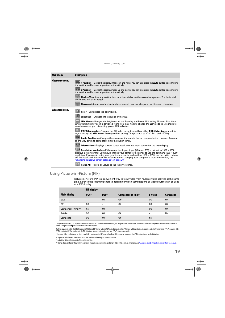 Using picture-in-picture (pip) | Gateway FPD2275W User Manual | Page 23 / 40