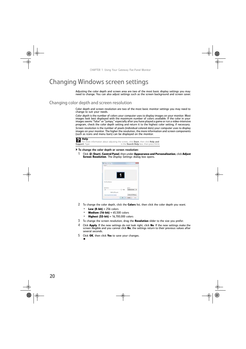 Changing windows screen settings, Changing color depth and screen resolution, To change the color depth or screen resolution | Gateway FPD2275W User Manual | Page 24 / 40
