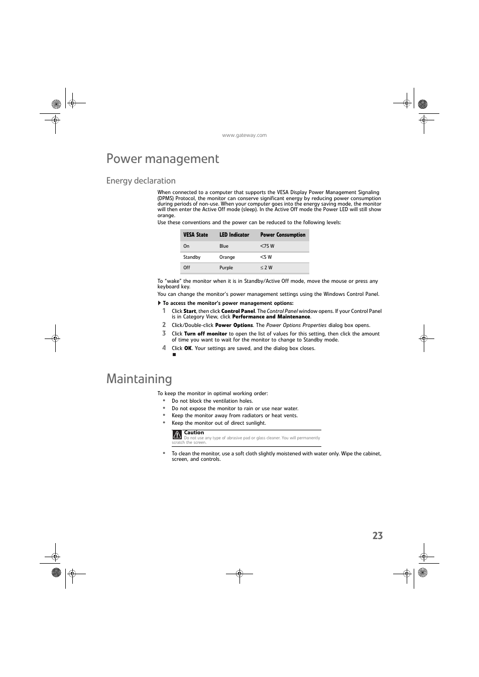 Power management, Energy declaration, To access the monitor’s power management options | Maintaining | Gateway FPD2275W User Manual | Page 27 / 40