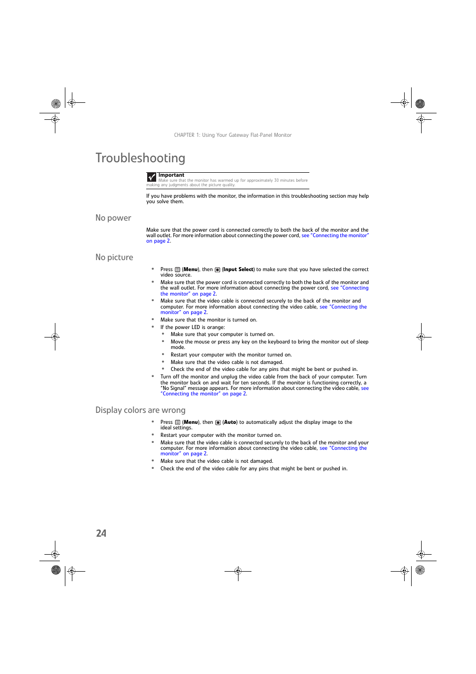 Troubleshooting, No power, No picture | Display colors are wrong, No power no picture display colors are wrong | Gateway FPD2275W User Manual | Page 28 / 40