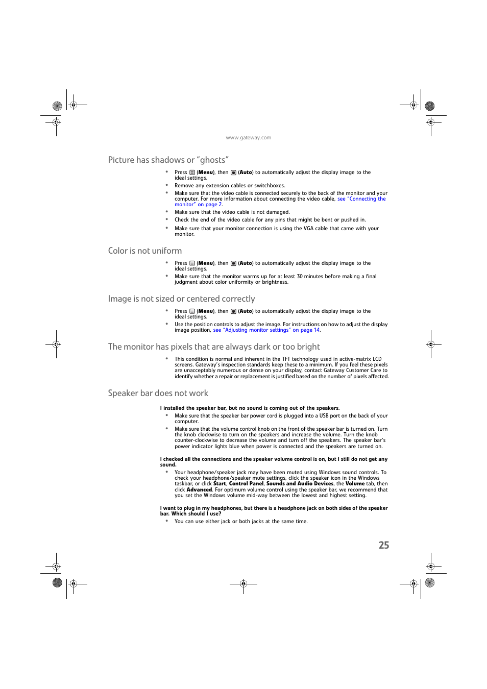 Picture has shadows or “ghosts, Color is not uniform, Image is not sized or centered correctly | Speaker bar does not work | Gateway FPD2275W User Manual | Page 29 / 40