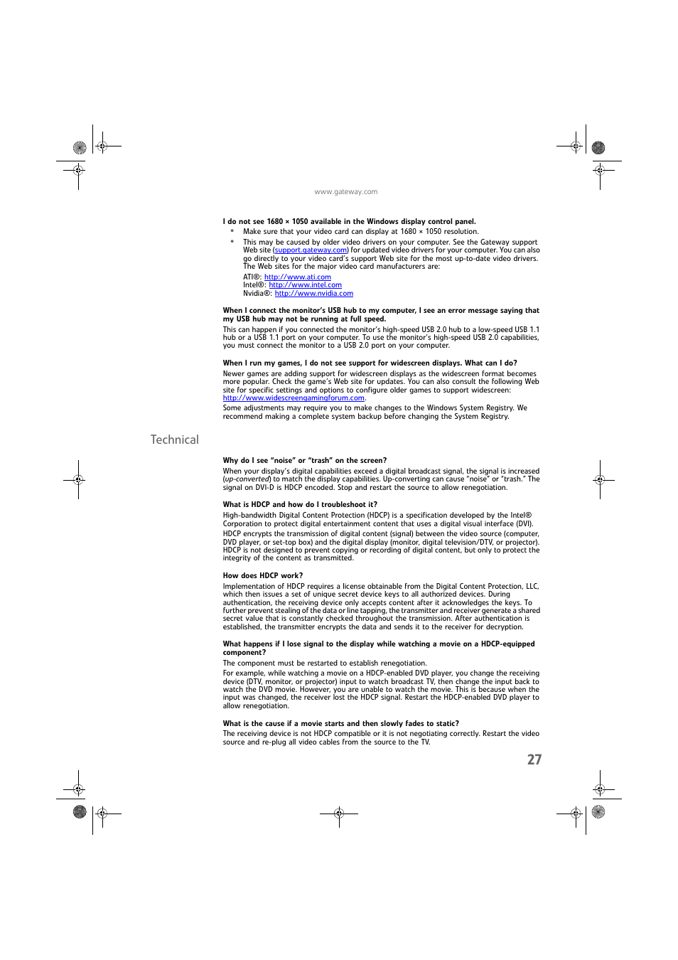 Technical, Why do i see “noise” or “trash” on the screen, What is hdcp and how do i troubleshoot it | How does hdcp work | Gateway FPD2275W User Manual | Page 31 / 40