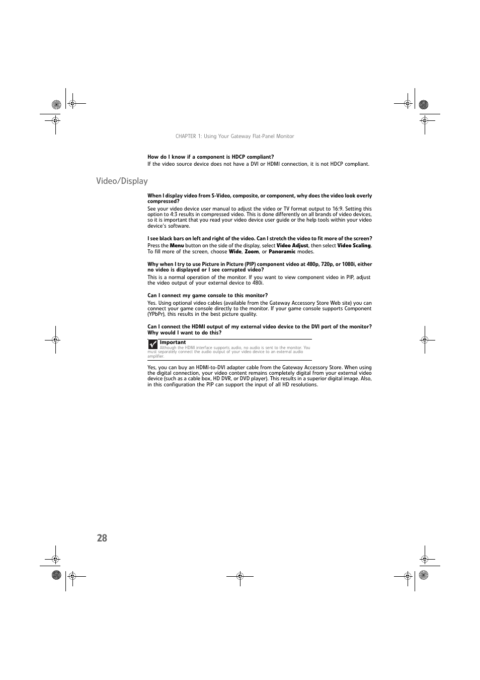 How do i know if a component is hdcp compliant, Video/display, Can i connect my game console to this monitor | Gateway FPD2275W User Manual | Page 32 / 40