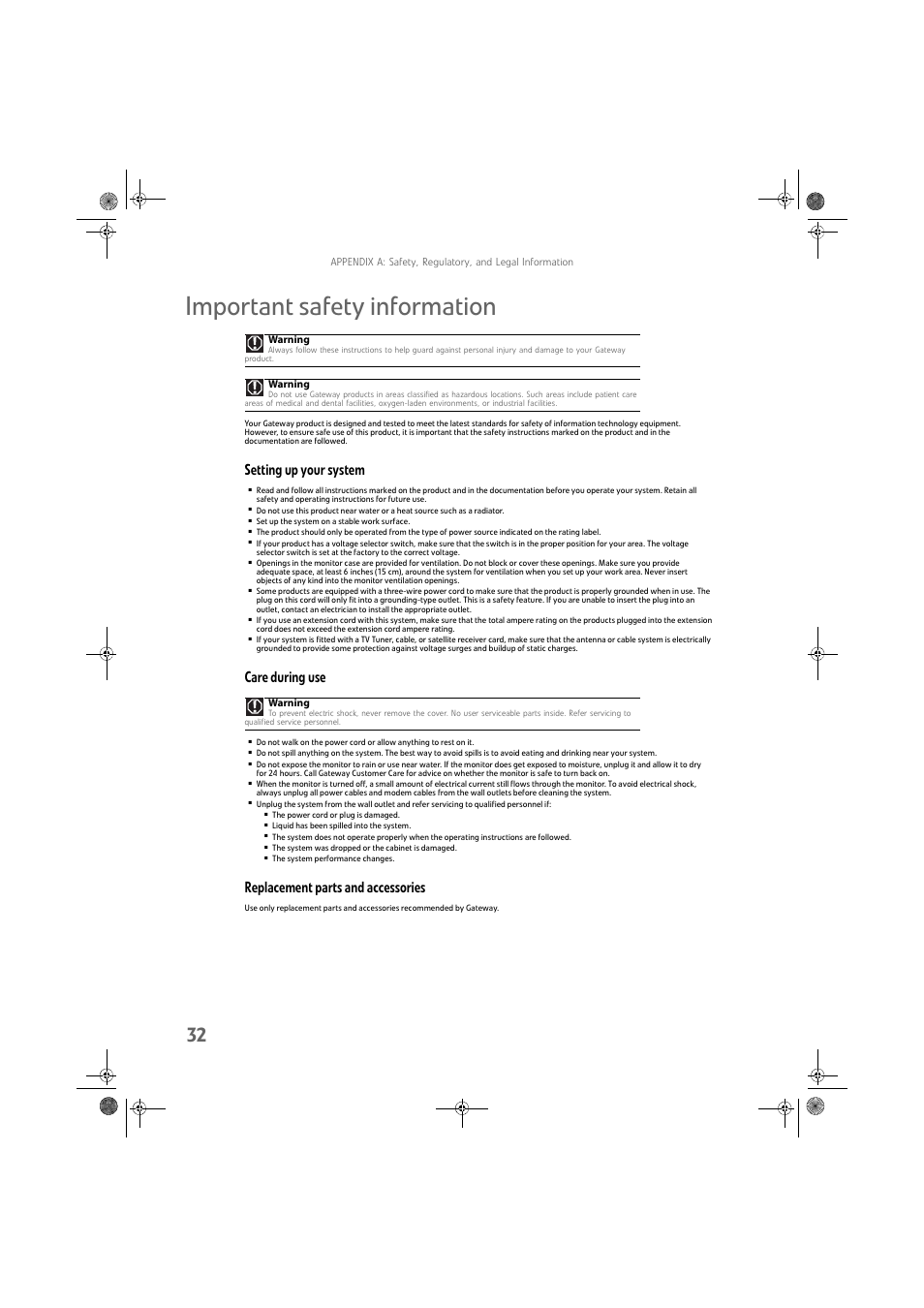 Important safety information, Setting up your system, Care during use | Replacement parts and accessories | Gateway FPD2275W User Manual | Page 36 / 40