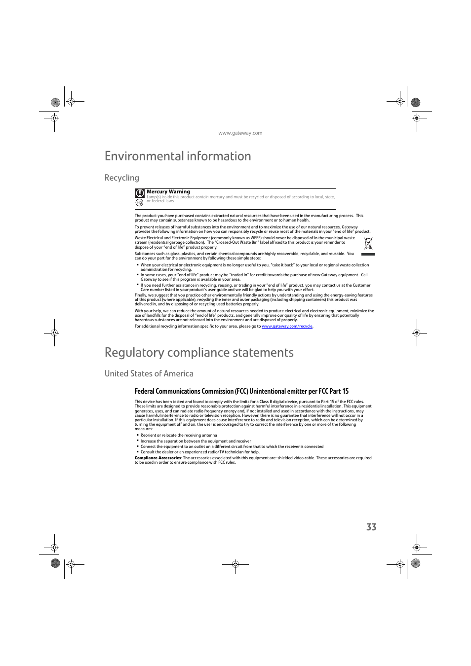 Recycling, Environmental information, Regulatory compliance statements | United states of america | Gateway FPD2275W User Manual | Page 37 / 40