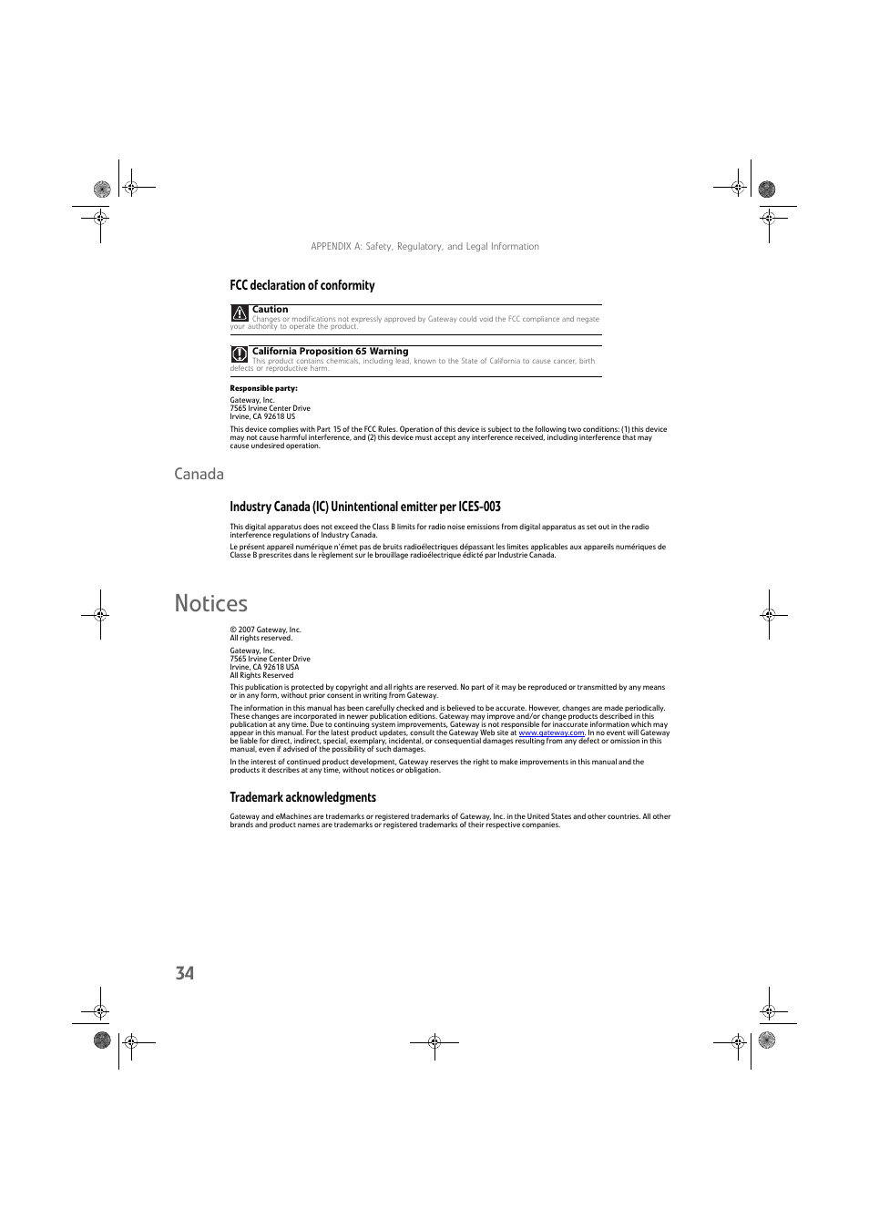 Notices, Canada, Fcc declaration of conformity | Trademark acknowledgments | Gateway FPD2275W User Manual | Page 38 / 40