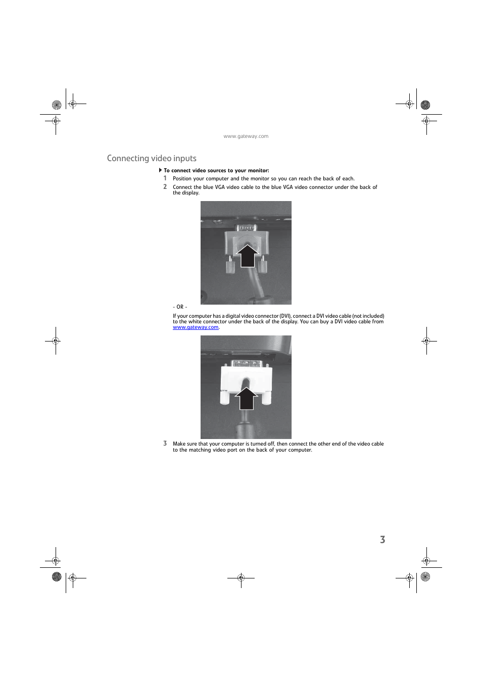 Connecting video inputs, To connect video sources to your monitor | Gateway FPD2275W User Manual | Page 7 / 40