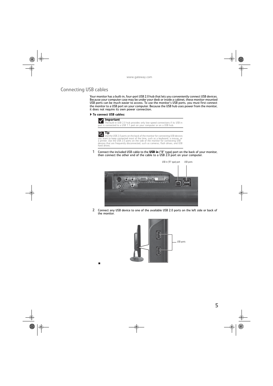 Connecting usb cables, To connect usb cables | Gateway FPD2275W User Manual | Page 9 / 40