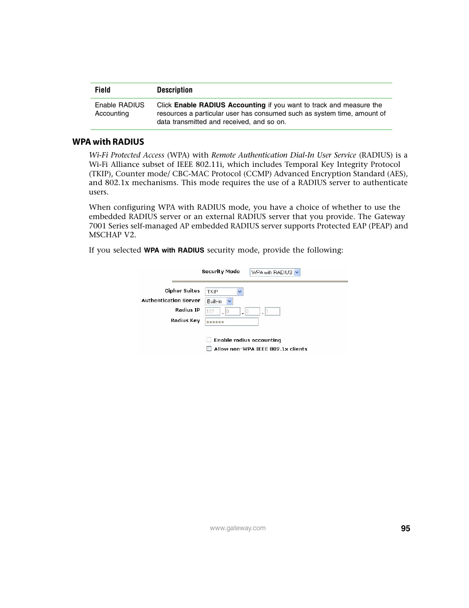 Wpa with radius, Wpa with radius” on | Gateway 7001 Series User Manual | Page 100 / 218