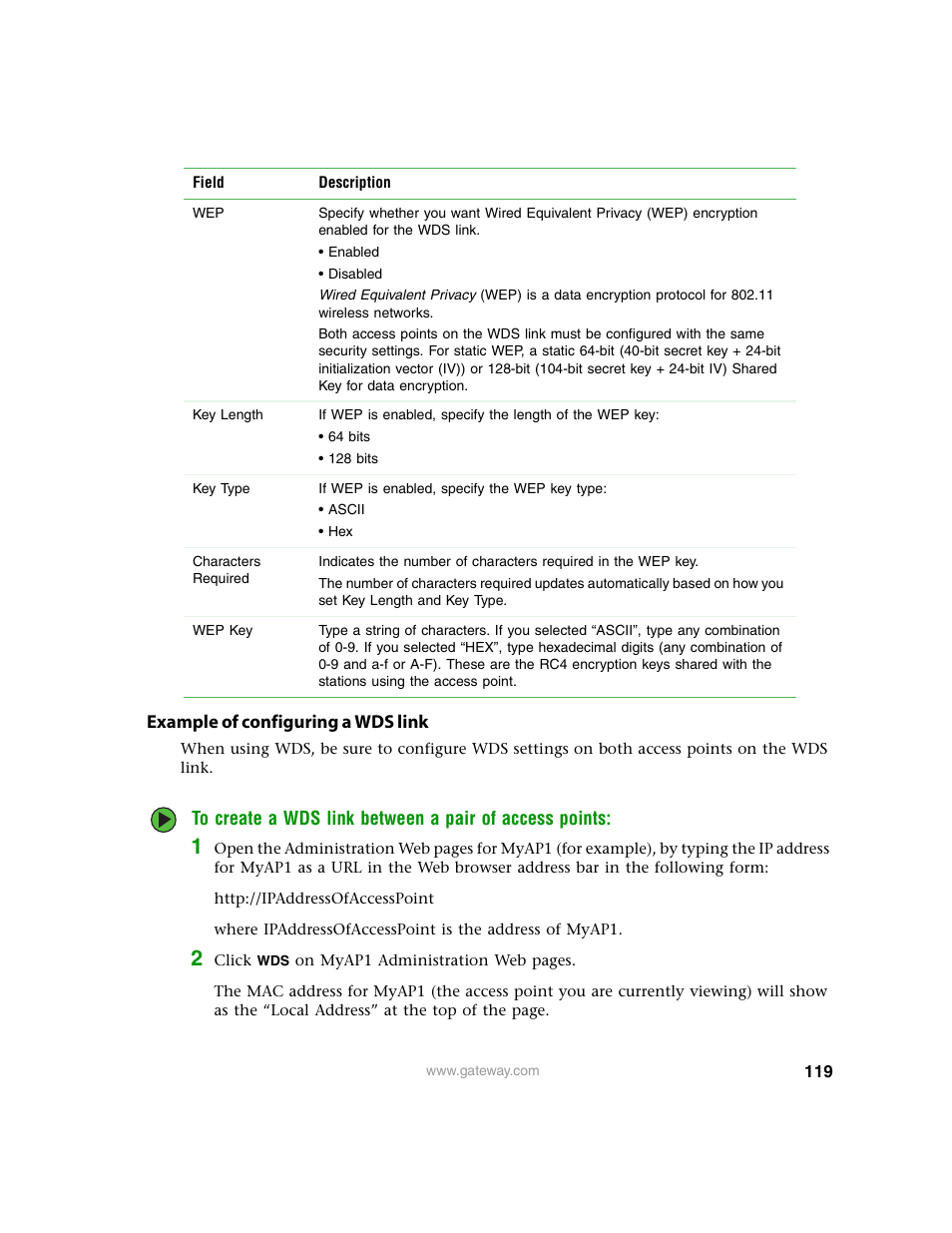 Example of configuring a wds link | Gateway 7001 Series User Manual | Page 124 / 218