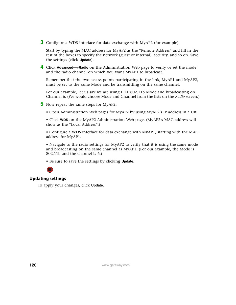 Updating settings | Gateway 7001 Series User Manual | Page 125 / 218