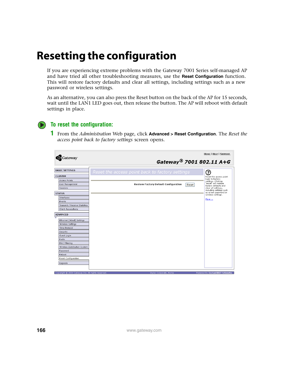 Resetting the configuration, Resetting the | Gateway 7001 Series User Manual | Page 171 / 218