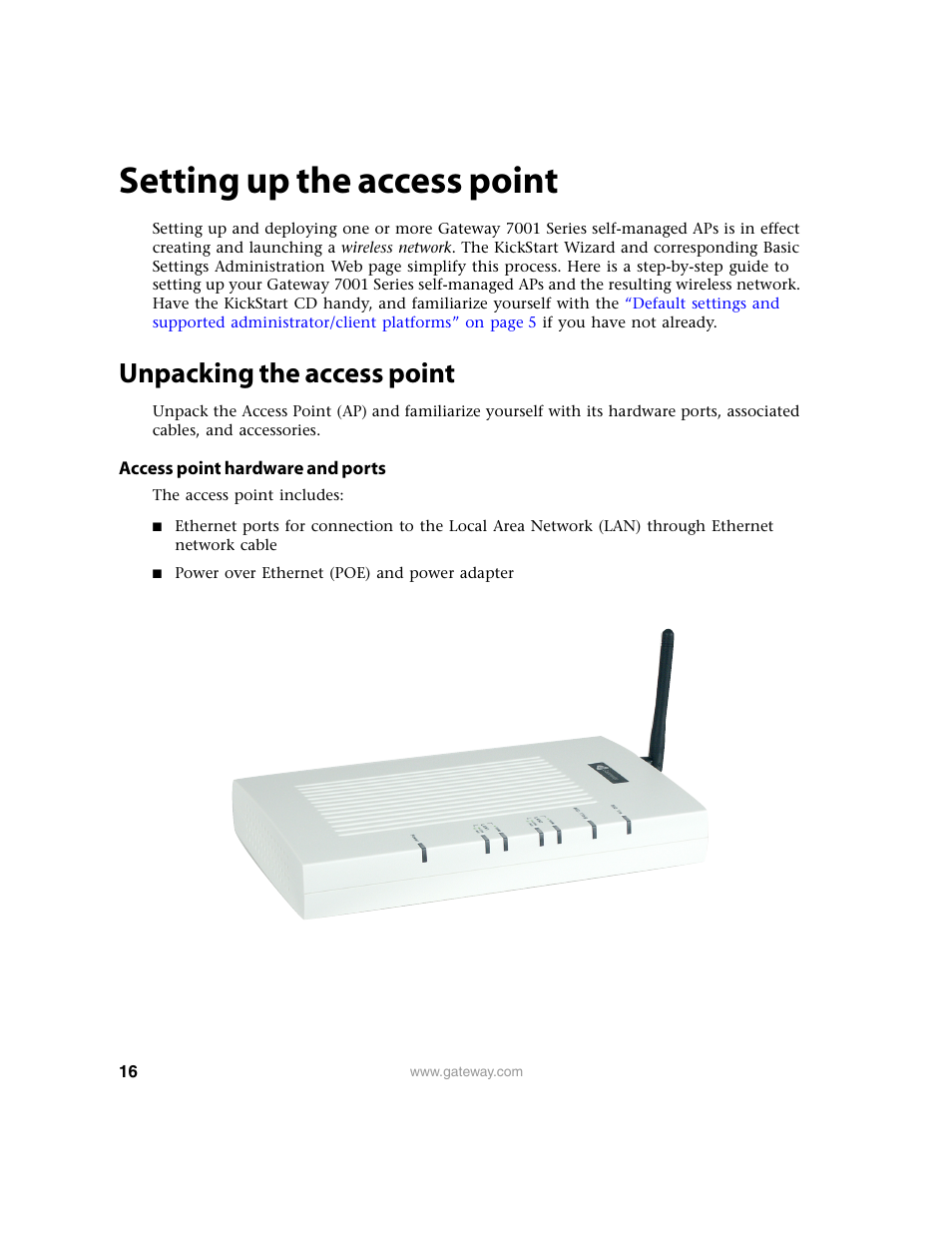 Setting up the access point, Unpacking the access point, Access point hardware and ports | Gateway 7001 Series User Manual | Page 21 / 218