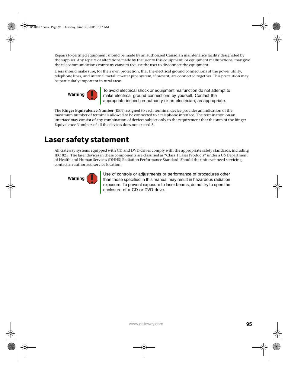 Laser safety statement | Gateway E-2500D User Manual | Page 100 / 110