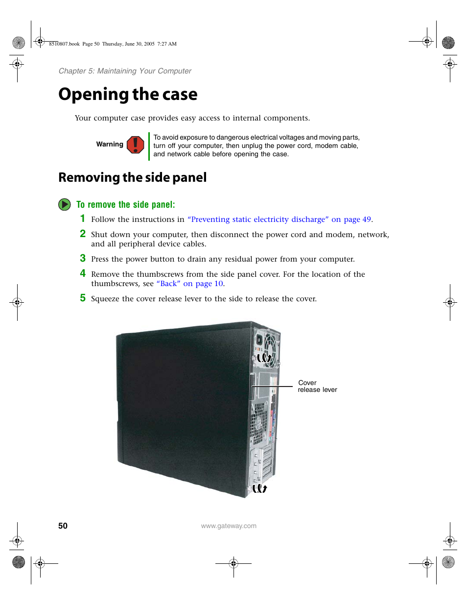 Opening the case, Removing the side panel | Gateway E-2500D User Manual | Page 55 / 110