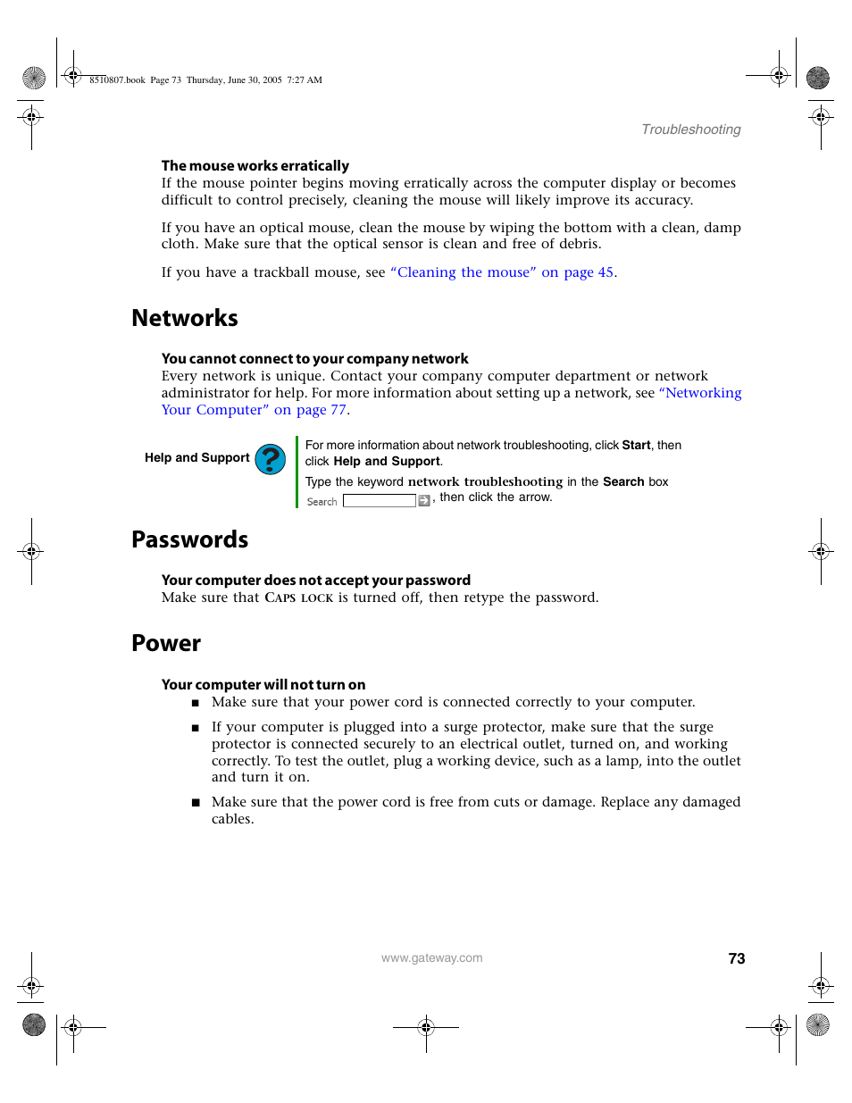 Networks, Passwords, Power | Networks passwords power | Gateway E-2500D User Manual | Page 78 / 110
