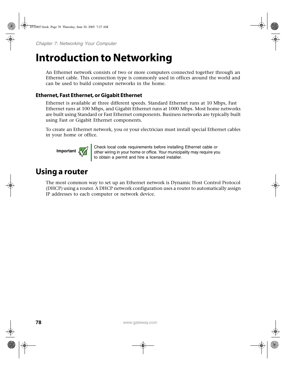 Introduction to networking, Ethernet, fast ethernet, or gigabit ethernet, Using a router | Gateway E-2500D User Manual | Page 83 / 110