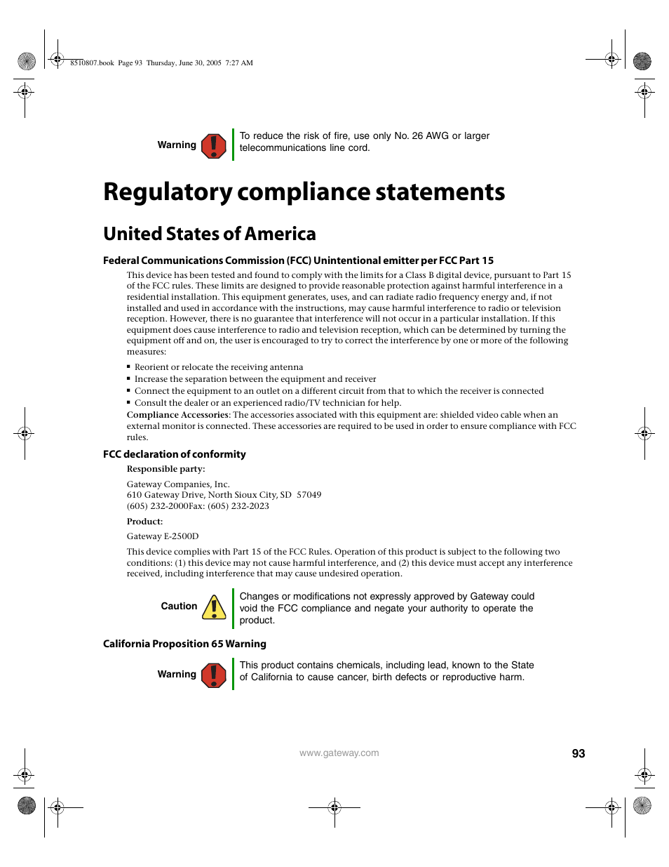 Regulatory compliance statements, United states of america | Gateway E-2500D User Manual | Page 98 / 110