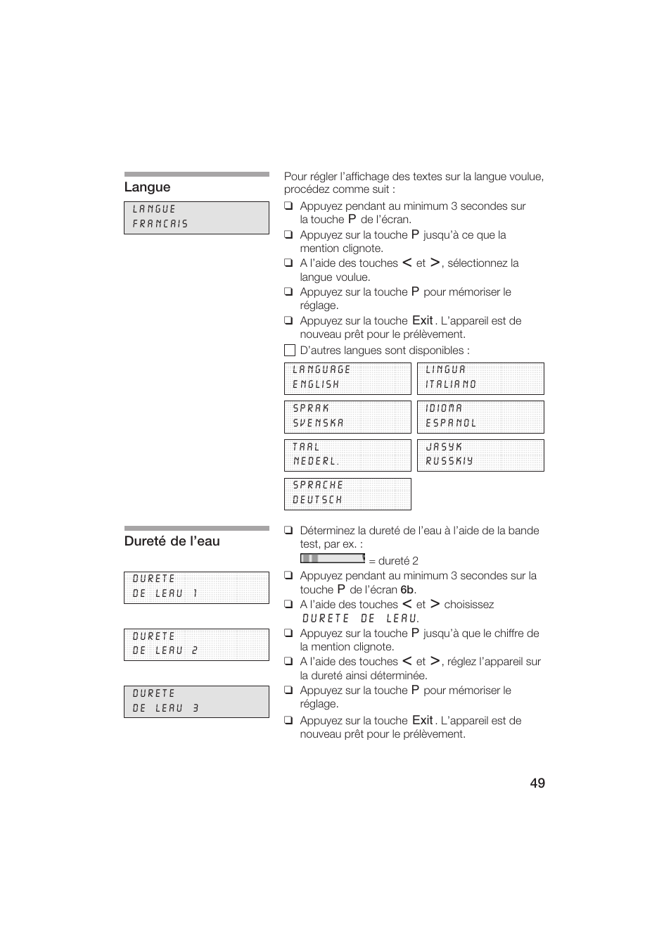 Langue, Dureté de l'eau | Gaggenau CM200610 User Manual | Page 49 / 105
