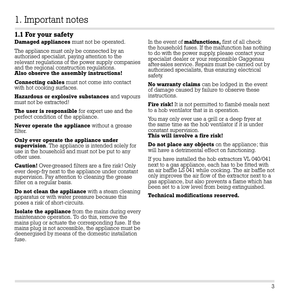 1 for your safety | Gaggenau VL 040-107 User Manual | Page 4 / 9