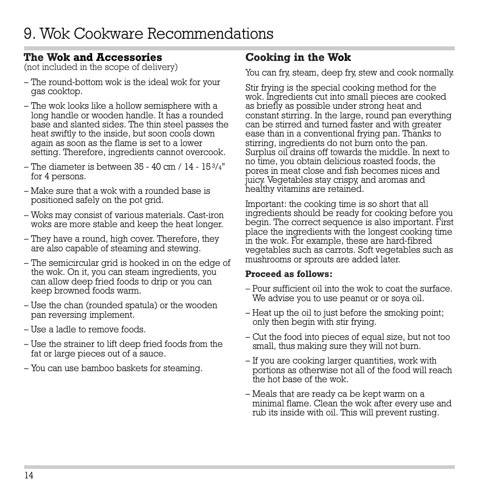 Wok cookware recommendations, The w ok and accessories, Cooking in the w ok | Gaggenau KG 291 CA User Manual | Page 15 / 31