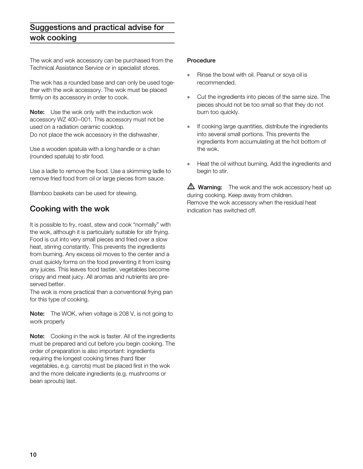 Suggestions and practical advise for wok cooking, Cooking with the wok | Gaggenau VI 411611 User Manual | Page 10 / 52