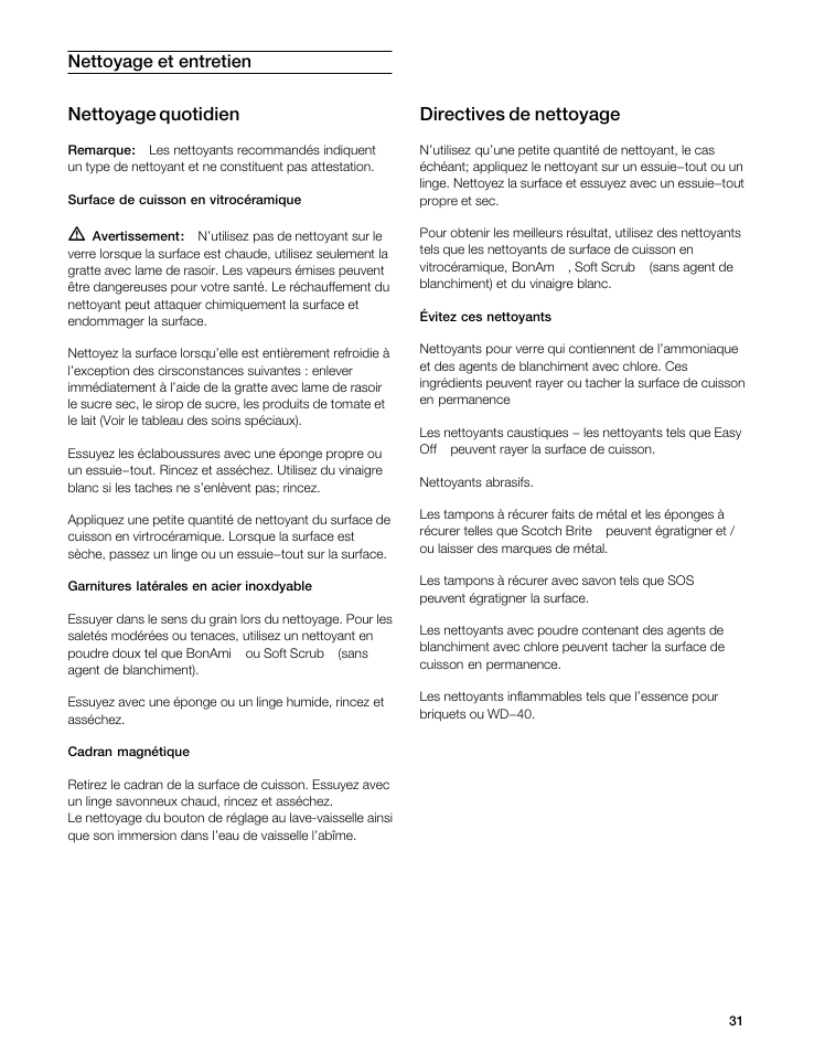 Nettoyage et entretien nettoyage quotidien, Directives de nettoyage | Gaggenau VI 411611 User Manual | Page 31 / 52