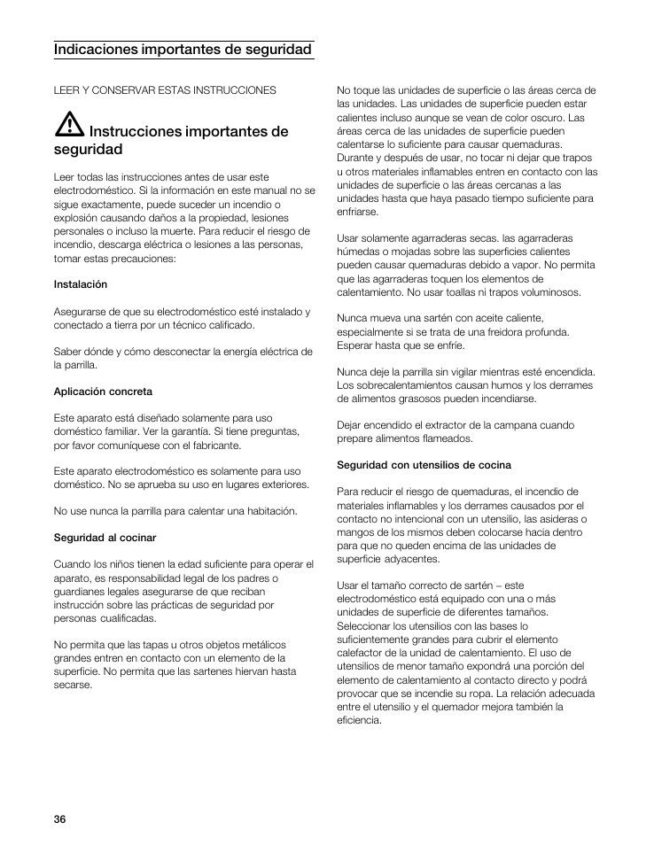 Indicaciones importantes de seguridad, Instrucciones importantes de seguridad | Gaggenau VI 411611 User Manual | Page 36 / 52