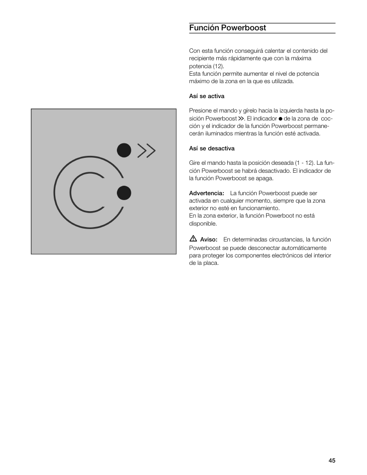 Función powerboost | Gaggenau VI 411611 User Manual | Page 45 / 52