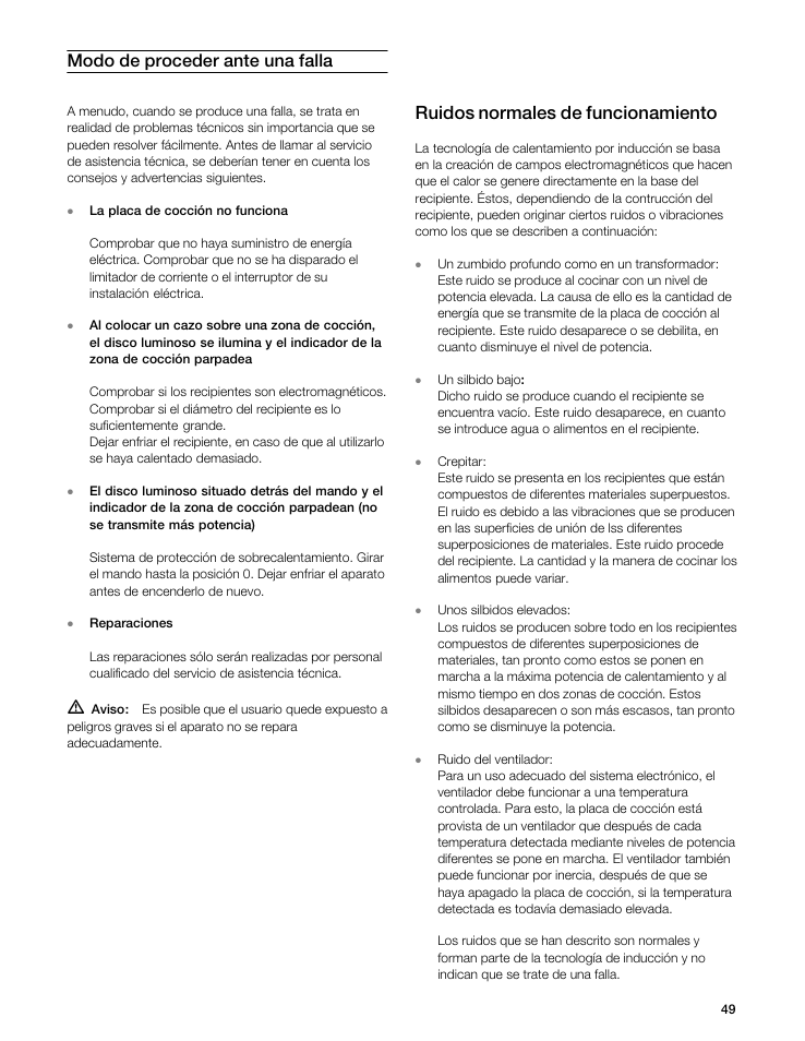Modo de proceder ante una falla, Ruidos normales de funcionamiento | Gaggenau VI 411611 User Manual | Page 49 / 52