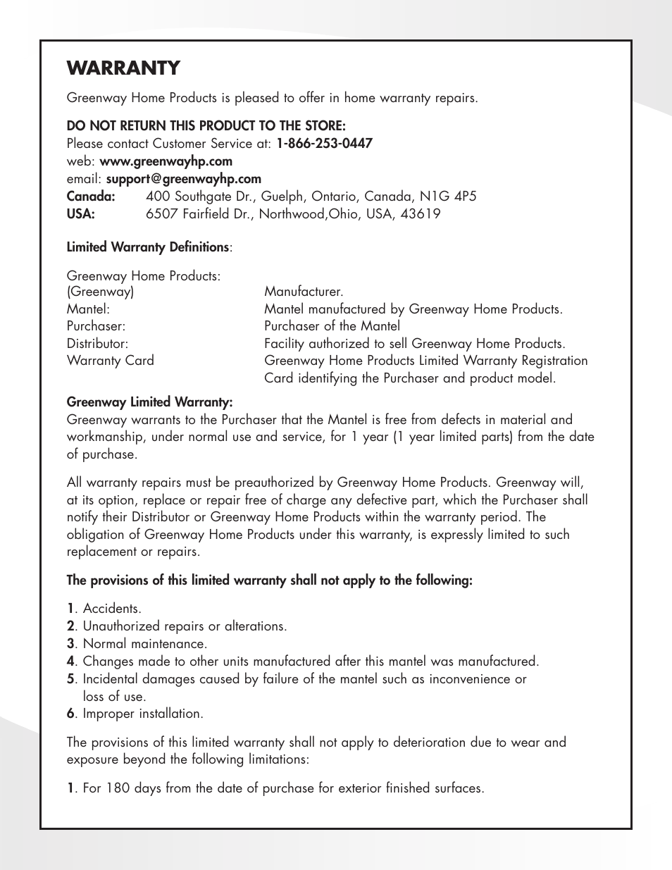 Warranty | Greenway Home Products Electric Fireplace Mantel MM281COK User Manual | Page 6 / 7