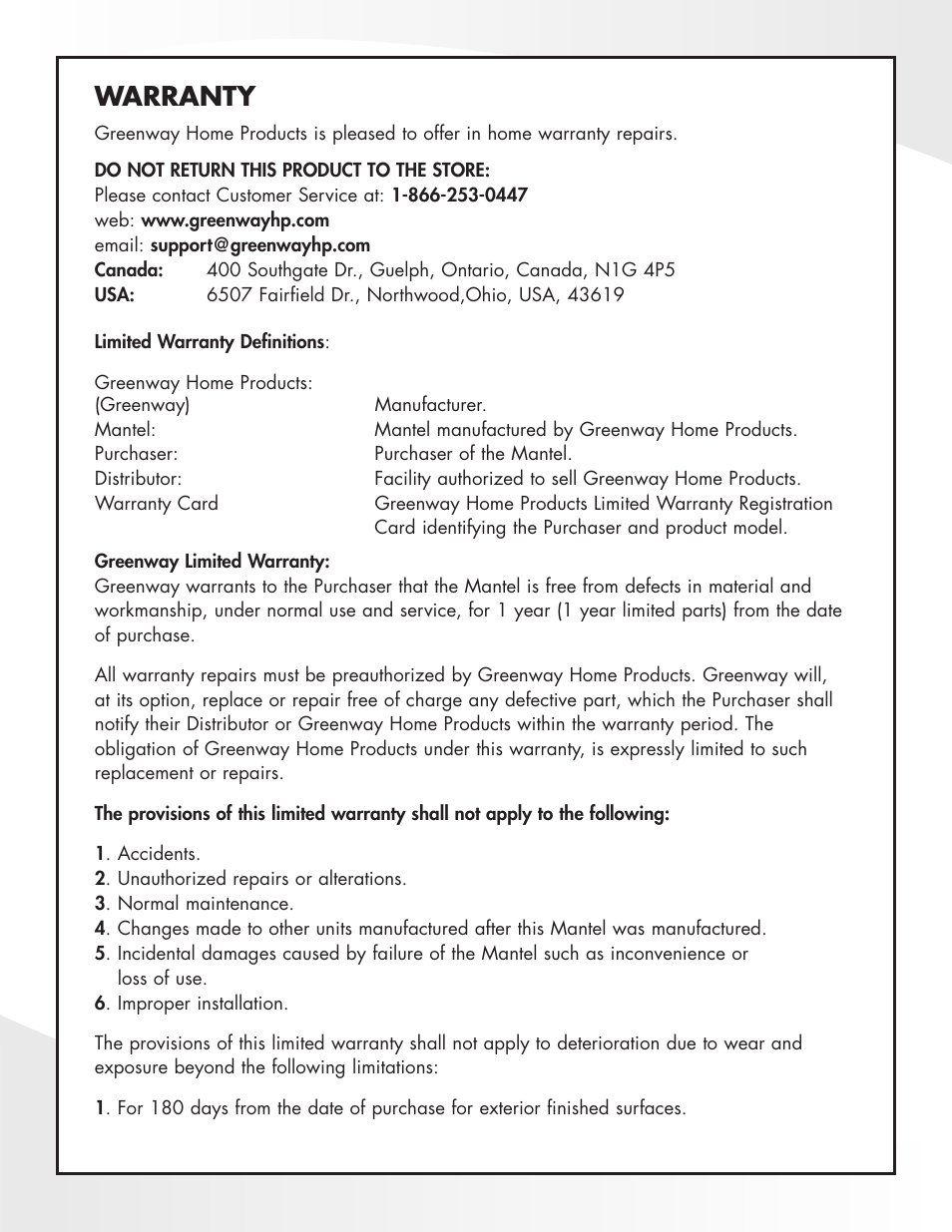 Warranty | Greenway Home Products Vista Electric Fireplace Mantel MM281MCH User Manual | Page 6 / 7