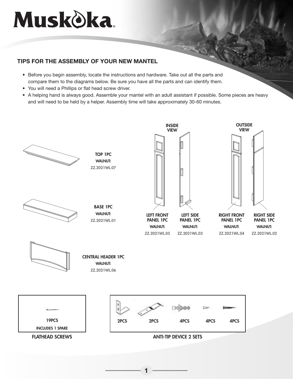 2pcs, Tips for the assembly of your new mantel, Model item name part no. mantel part name qty | Greenway Home Products MEF2021WL User Manual | Page 2 / 5