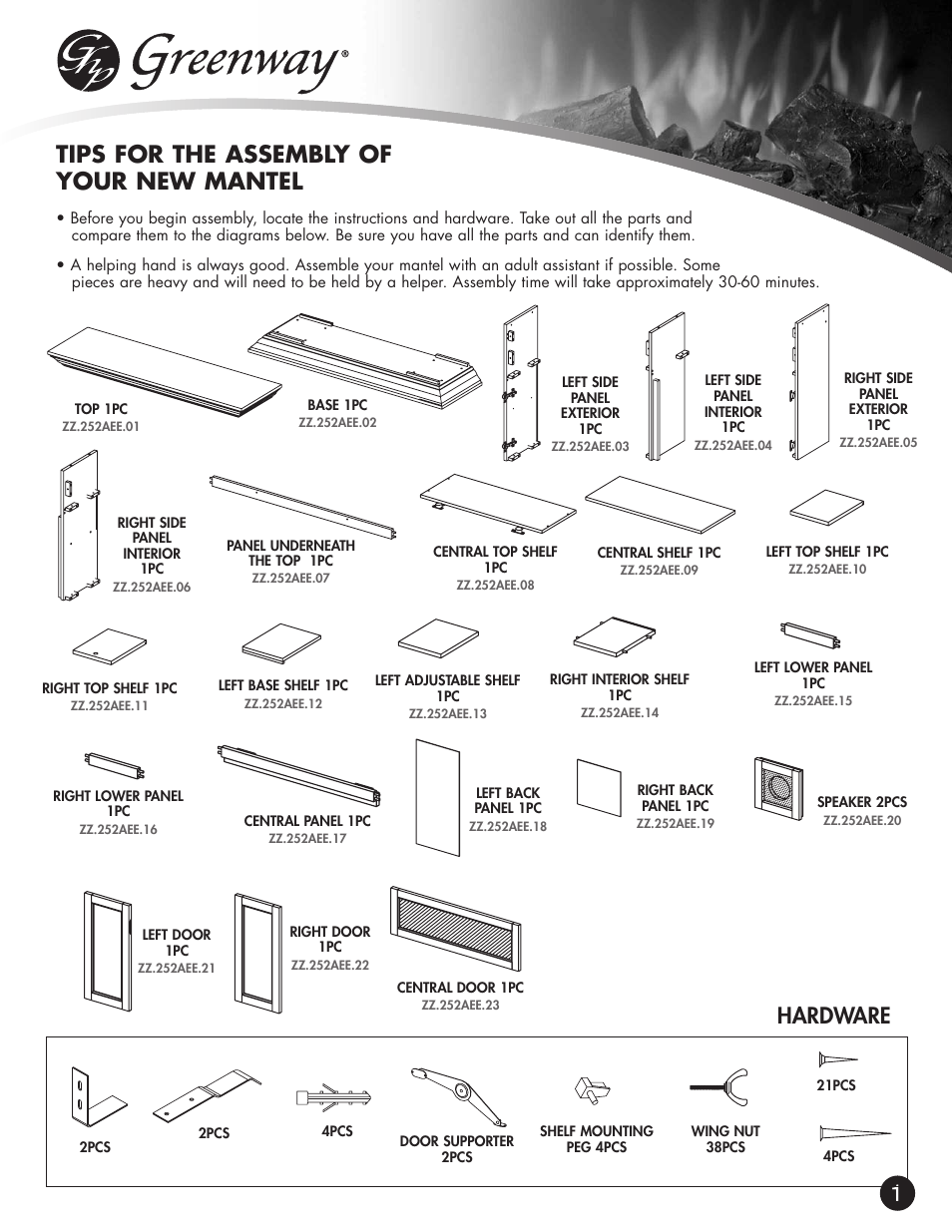 Tips for the assembly of your new mantel, Hardware | Greenway Home Products GEF252AEE User Manual | Page 2 / 9