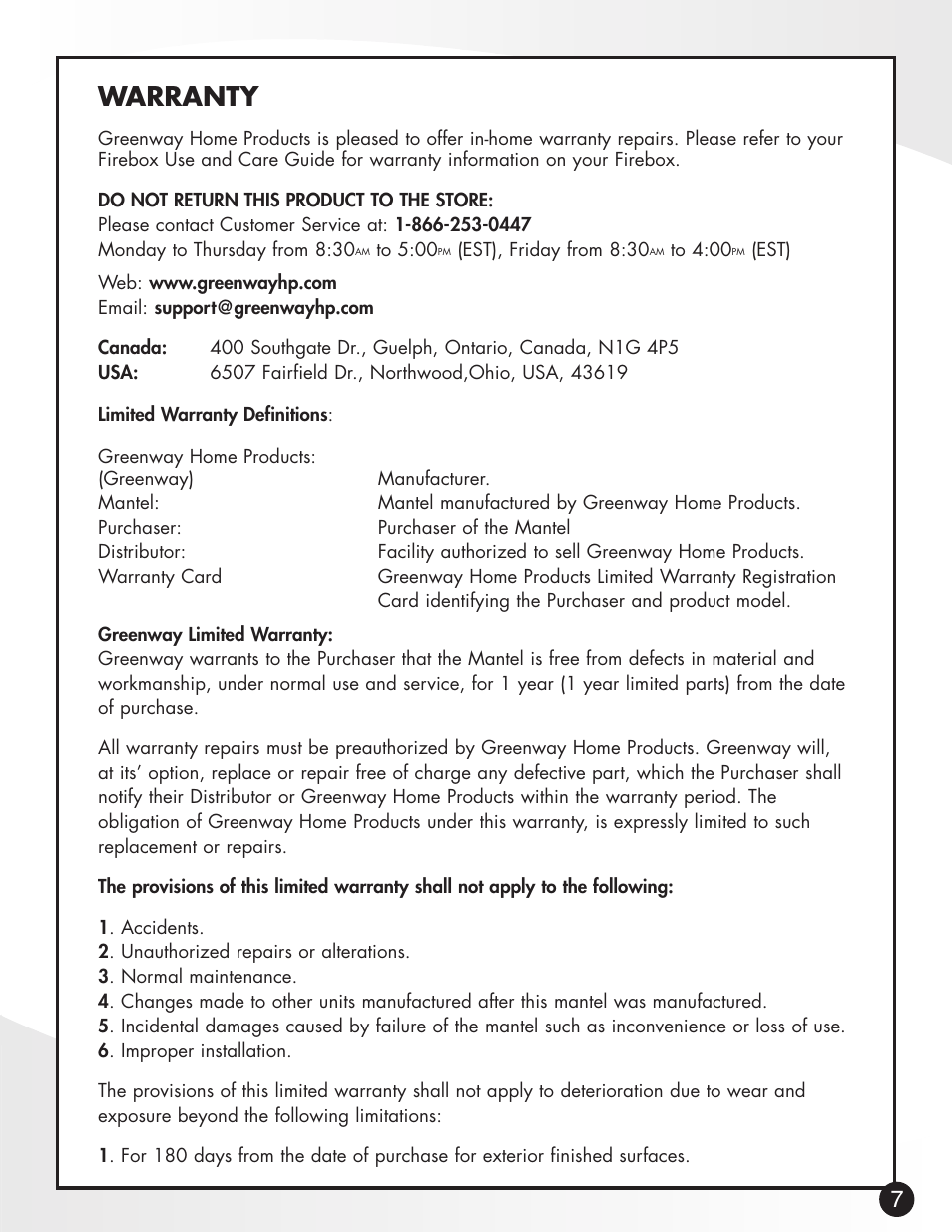 Warranty | Greenway Home Products GEF252AEE User Manual | Page 8 / 9