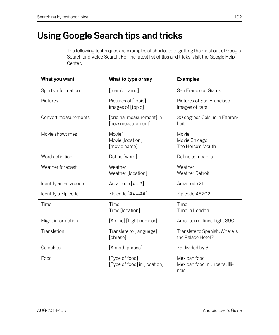 Using google search tips and tricks, Using google search tips and tricks 102 | Google ANDROID 2.3.4 User Manual | Page 102 / 384