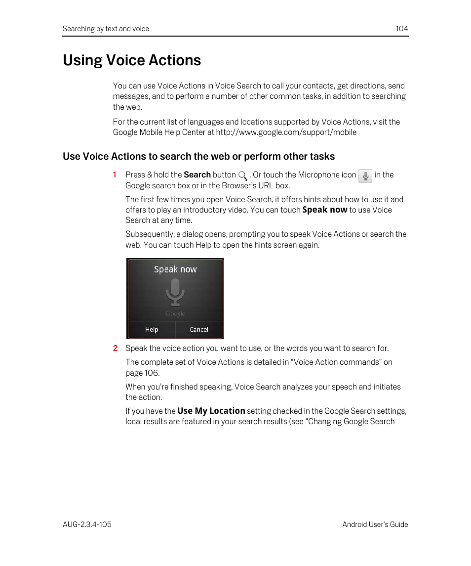 Using voice actions, Using voice actions 104 | Google ANDROID 2.3.4 User Manual | Page 104 / 384